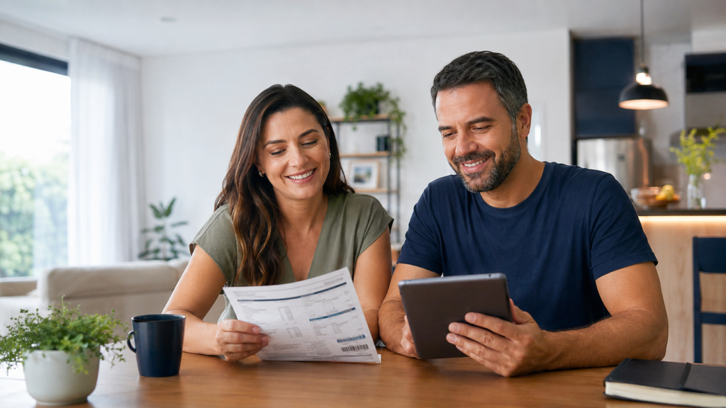 Casal analisando conta de energia em casa